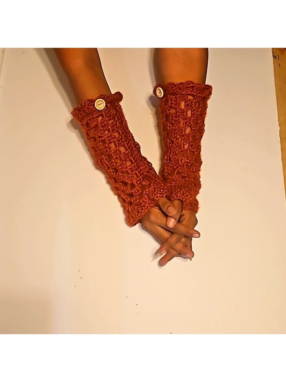 Hand Knit Crochet Orange Granny Square Fingerless Gloves Handmade